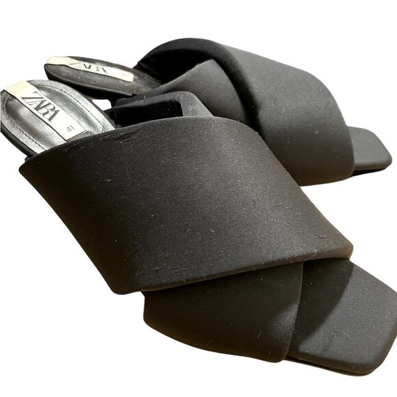 Zara Cross-strap Squared Toe Padded Black Kitten Heel Slides Size 41 - Picture 2 of 4